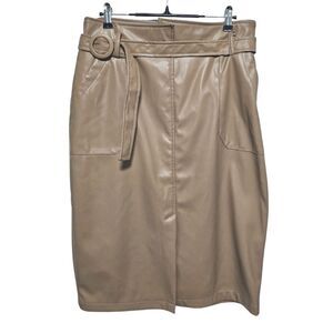 Belle Poque Faux Leather Nude Belted Pencil Skirt w/ Pockets & Front Slit Size L